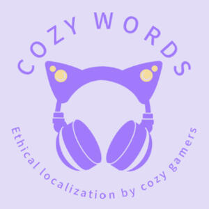 cozy words logo logo of cozy words, a localization agency focusing on cozy and casual games. The logo has a light lilac background with a gamer headset in the middle in darker purple with some circle details in yellow. There is text that says "COZY WORDS" and "Ethical loc
